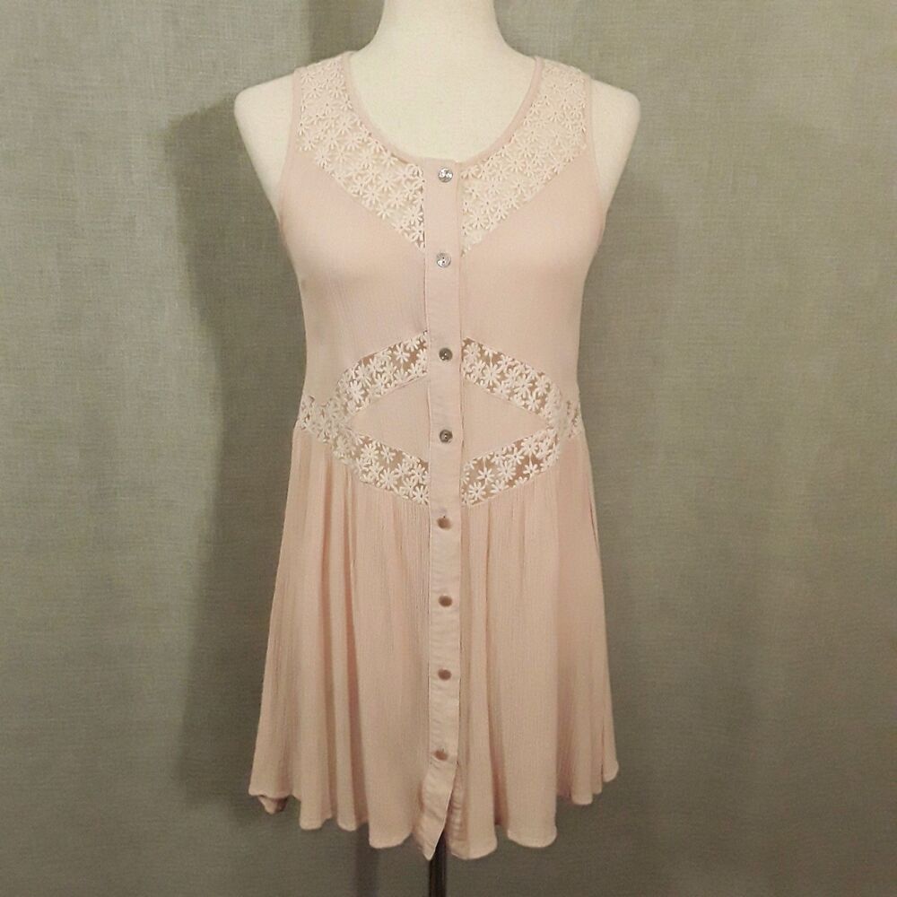 Koba Size Small Swing Tank Sleeveless Blouse Sheer Floral Cutouts Soft Pink